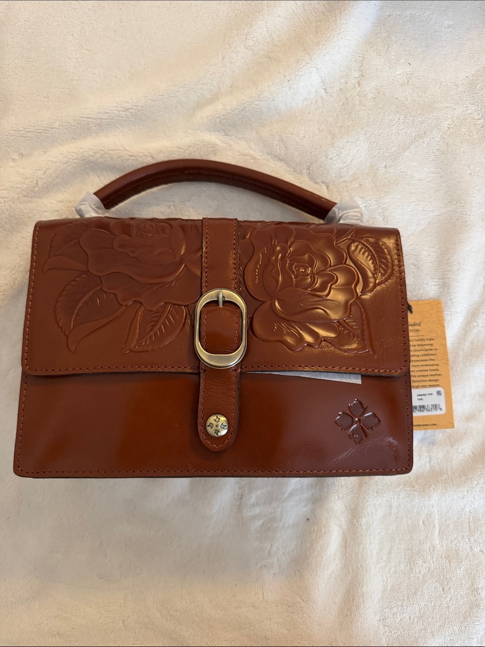 Patricia Nash - Tooled Floral Leather Top-Handle Satchel w Crossbody Strap - Tan